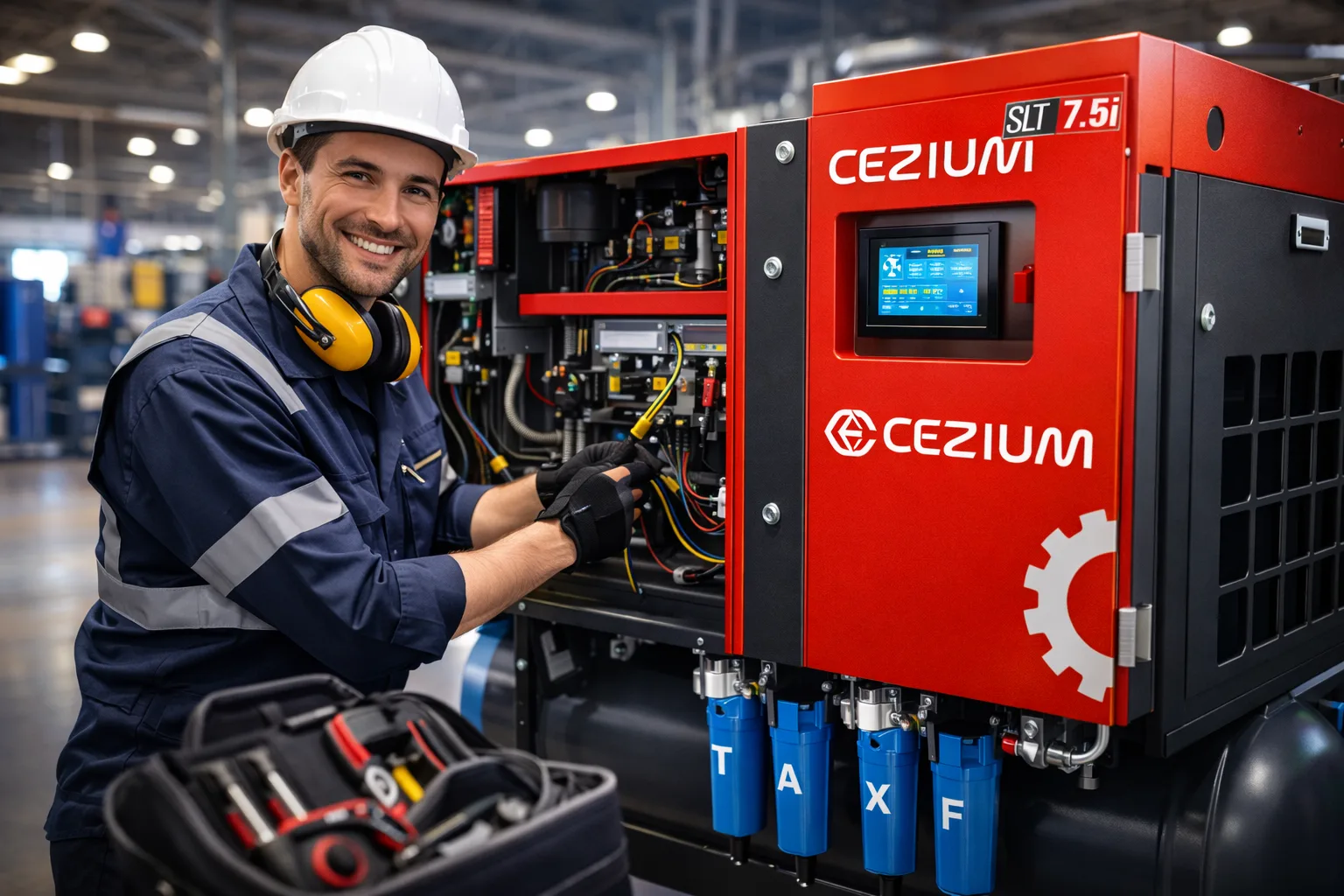 Technicien CEZIUM en intervention sur un compresseur à vis SLT 7.5i en usine