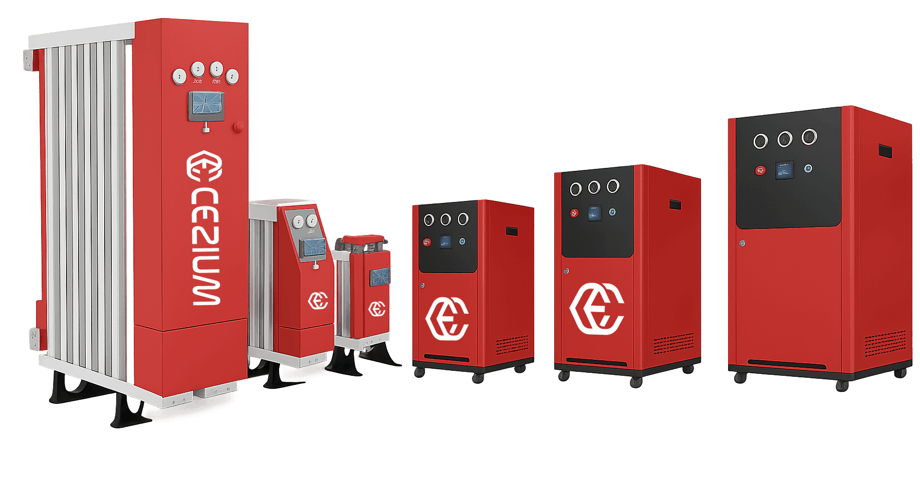 Row of red industrial equipment units with control panels and logos on the front.