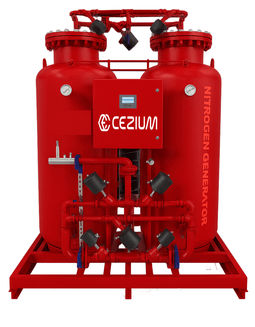 Red nitrogen generator with industrial gauges and piping on a metal frame.