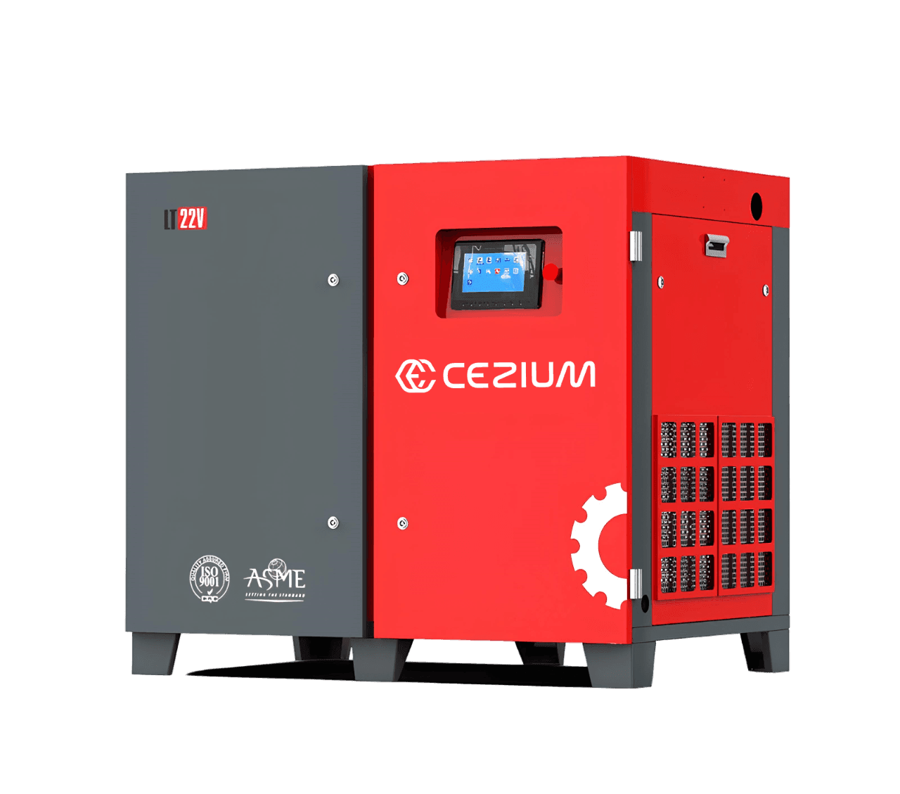 Red industrial machine labeled with 'CEZIUM,' featuring a digital display and ventilation grilles.