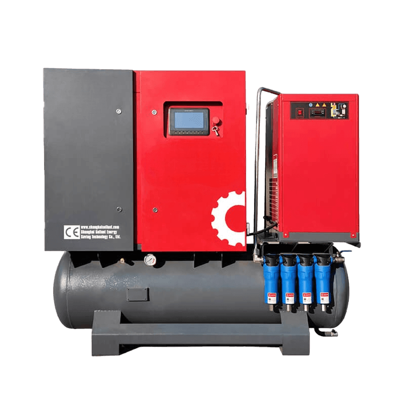 Red and black industrial air compressor machine with control panel display and attached filtration system.