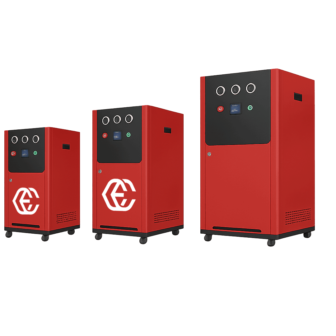 Three red industrial machines of different sizes, each featuring control panels with buttons and display screens.