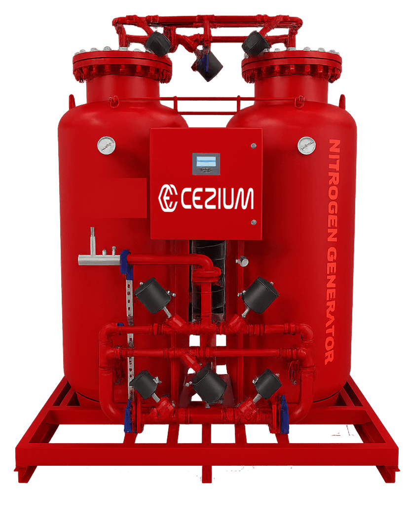 Red industrial nitrogen generator with gauges and control panel.