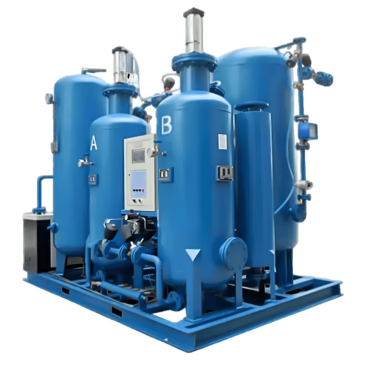 Industrial equipment featuring blue cylindrical tanks labeled A and B, connected by various pipes and valves.