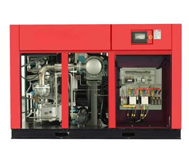 Industrial air compressor with red exterior panels and visible internal components.