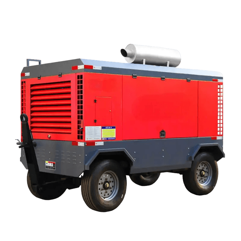 Red and gray mobile industrial generator on wheels with a metallic exhaust pipe on top.