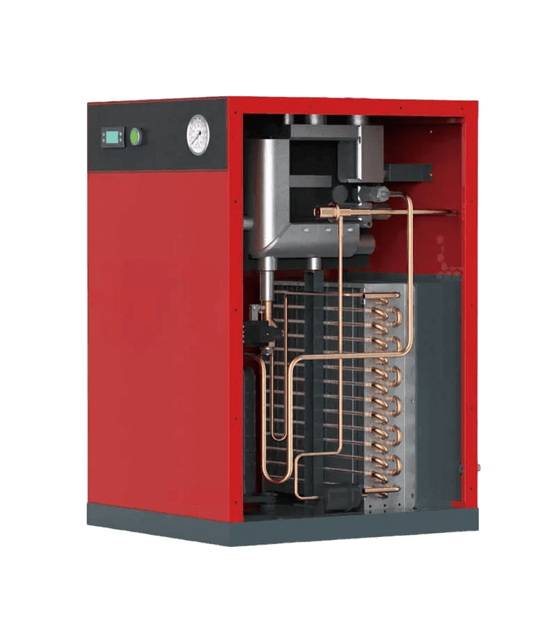 Red industrial boiler or furnace with an open side revealing internal components and copper piping.