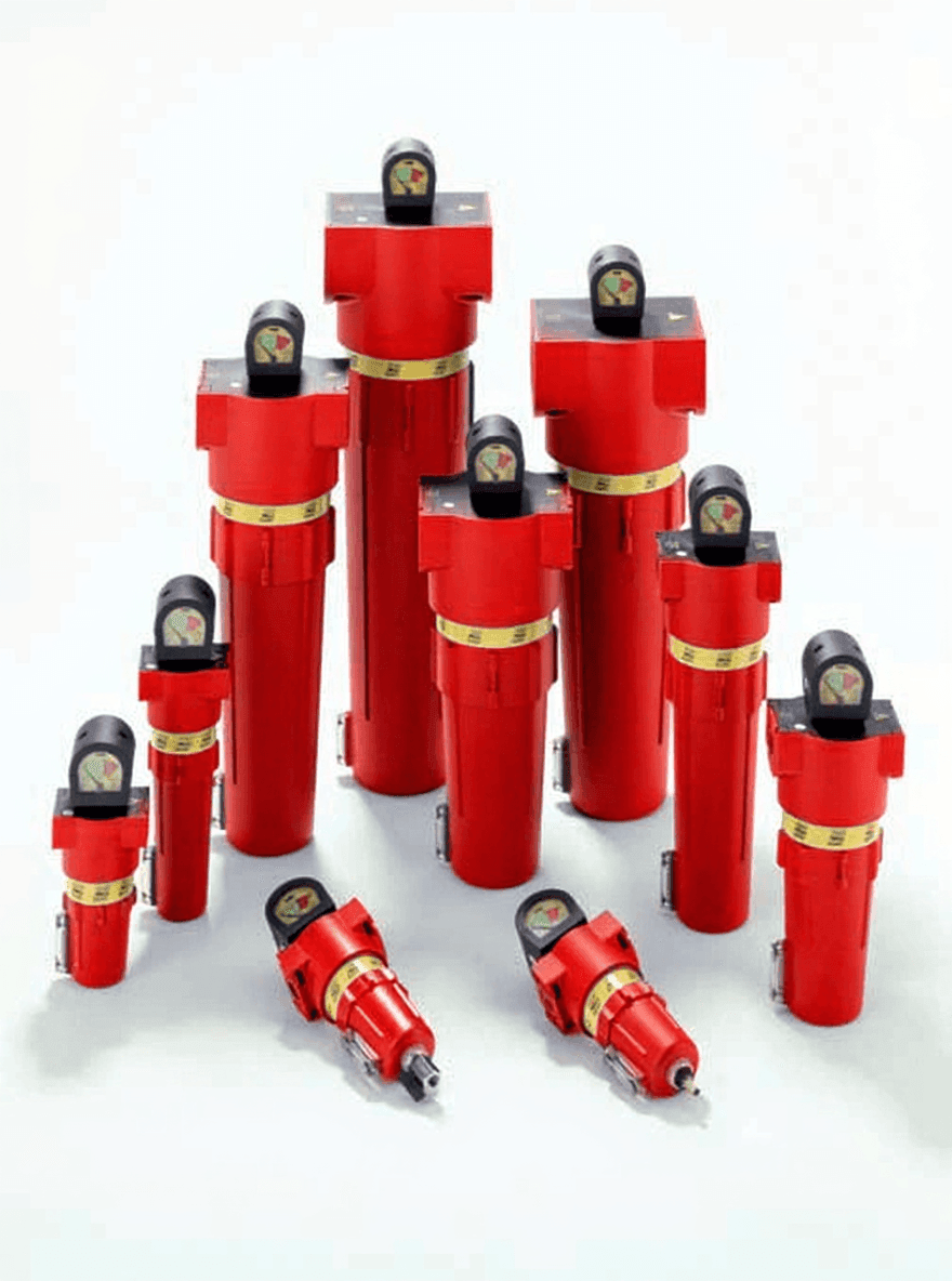 A collection of red industrial filter cartridges with pressure gauges on top displayed on a white background.