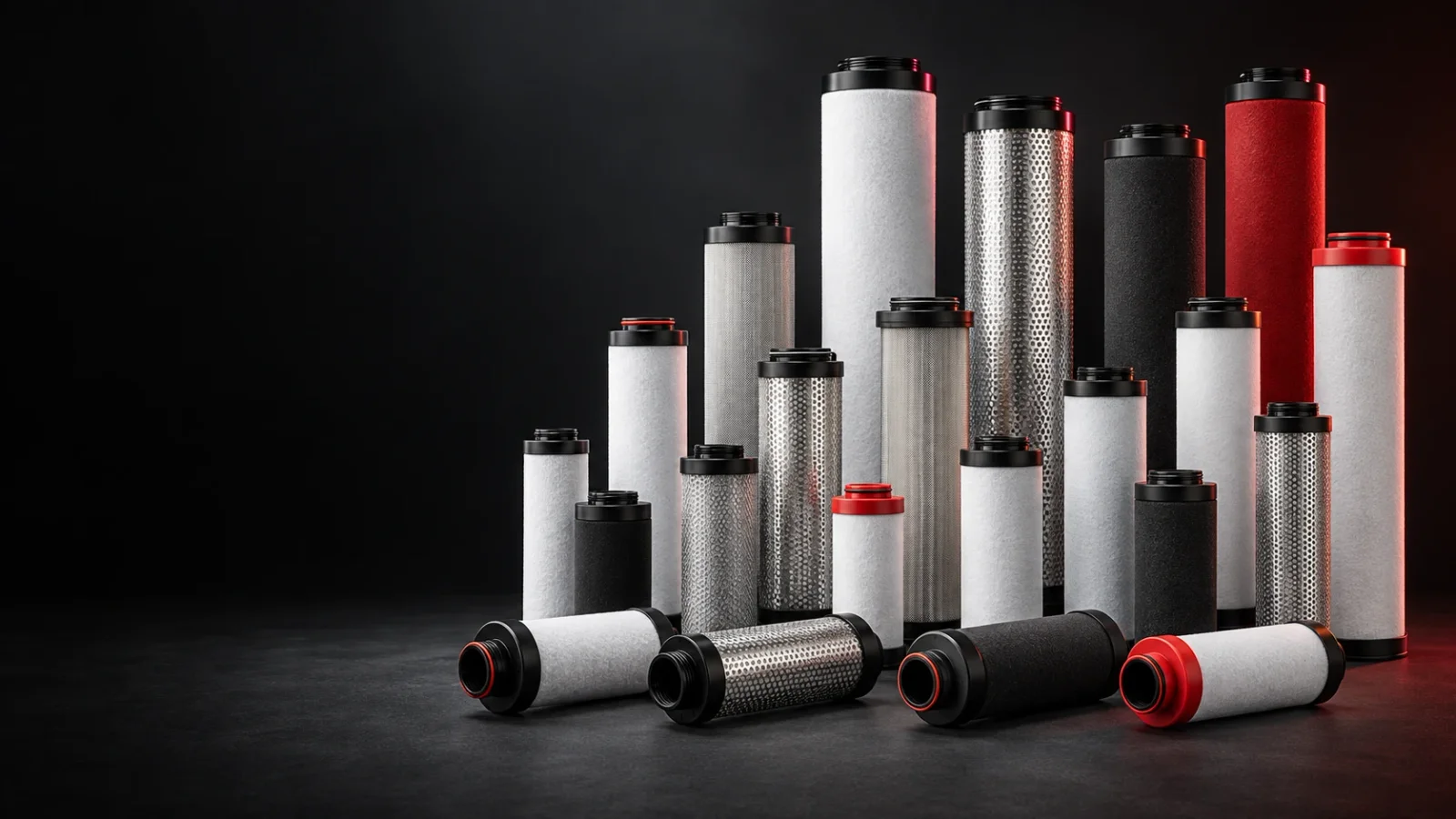 CEZIUM filter elements of every size, lined up against a dark background