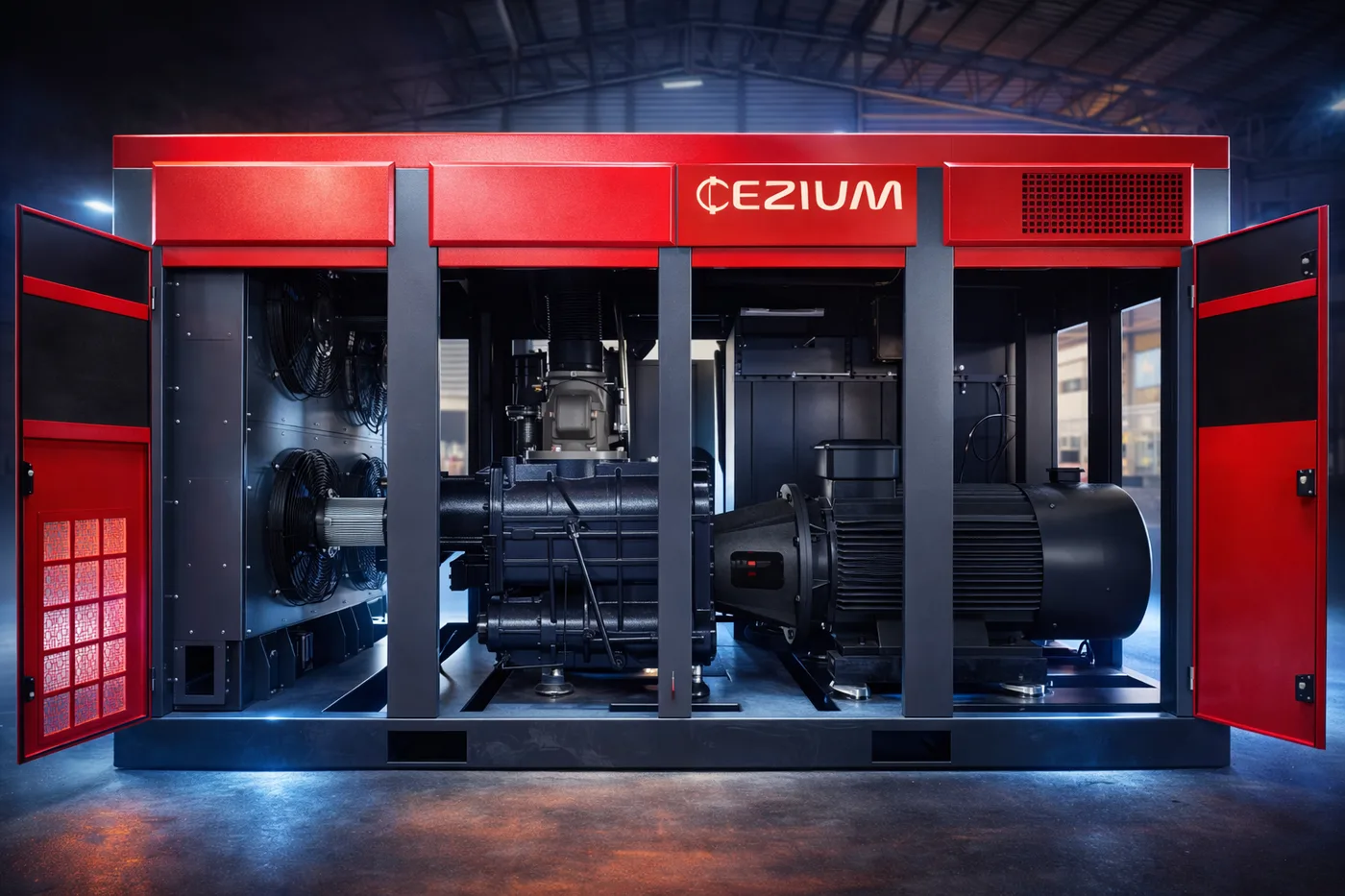 Compresseur CEZIUM en conteneur, composants internes visibles