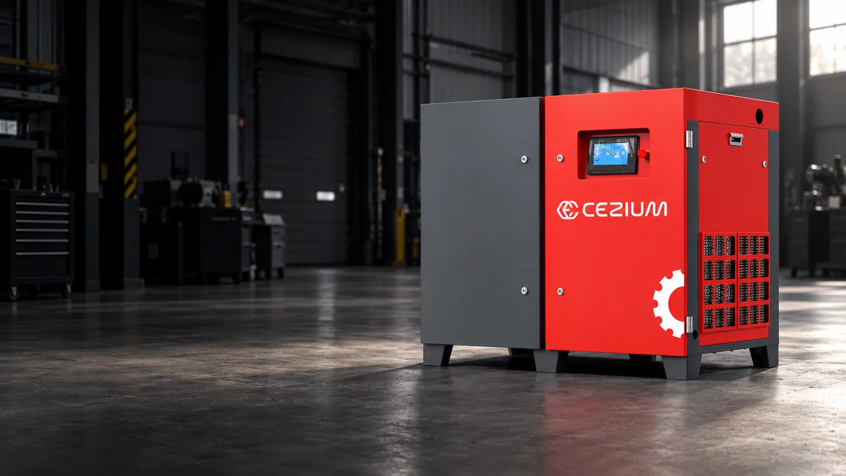 Compresseur à vis lubrifiée CEZIUM CZ-SLT-22V dans une halle industrielle