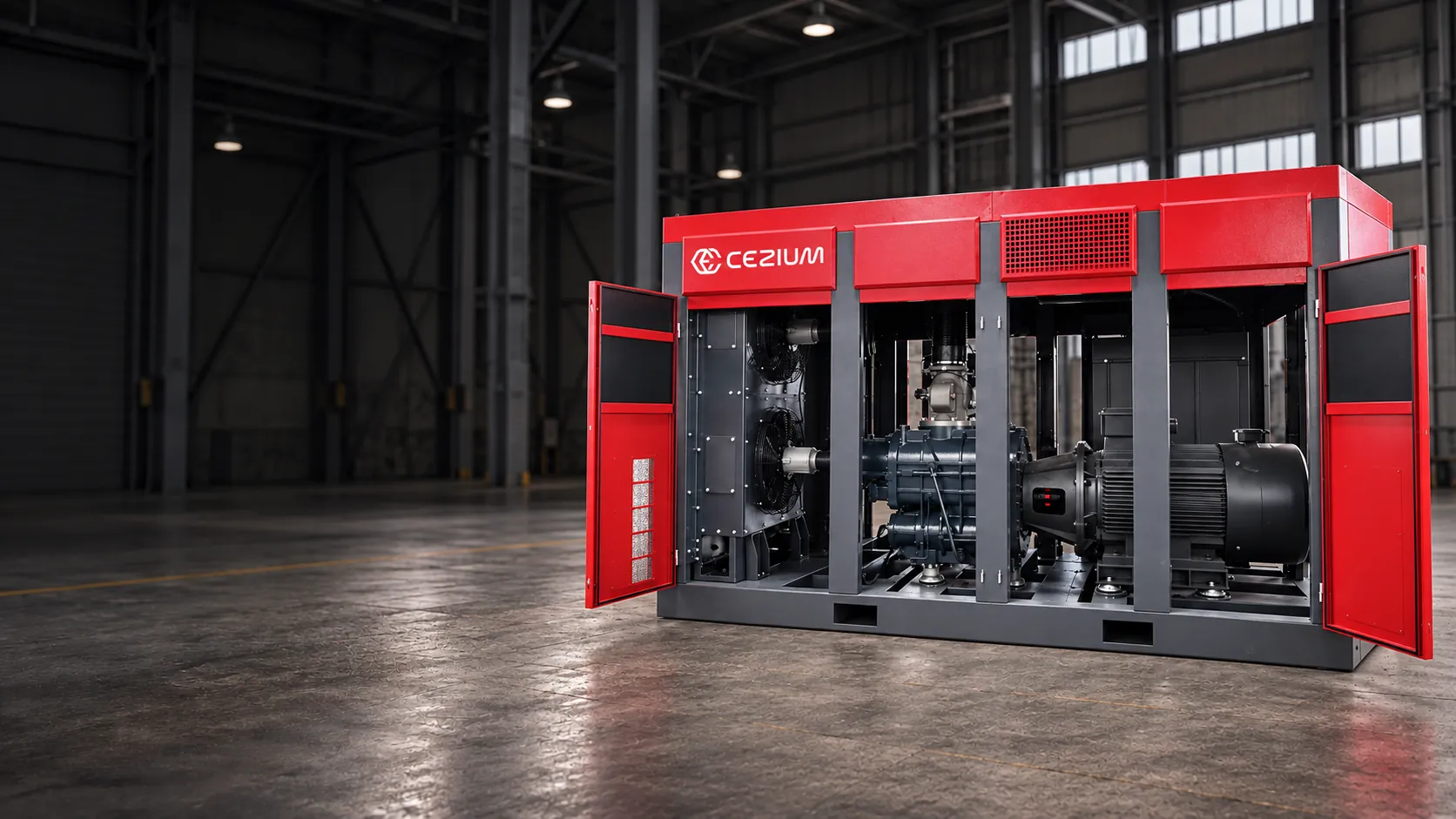 Compresseur à vis CEZIUM portes ouvertes, bloc vis et moteur visibles