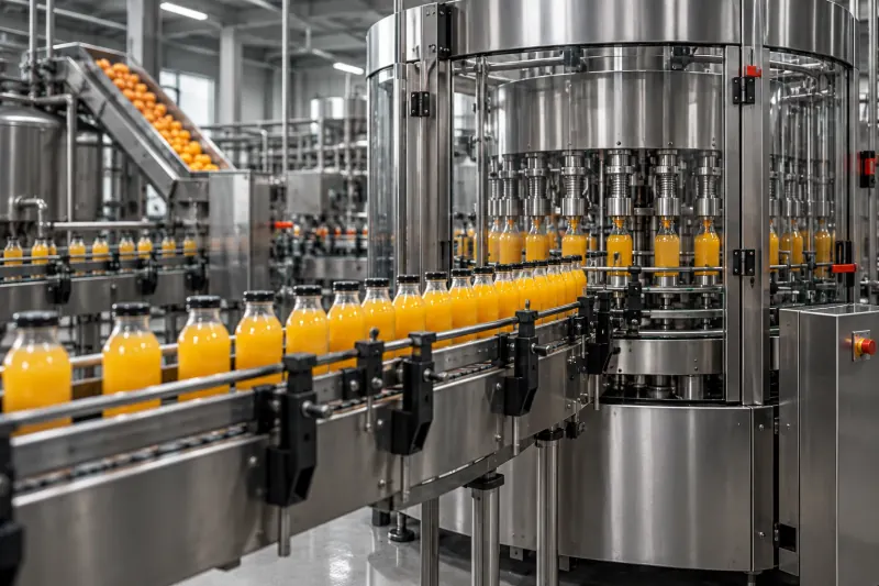 Fruit juice bottling line in a food and beverage plant