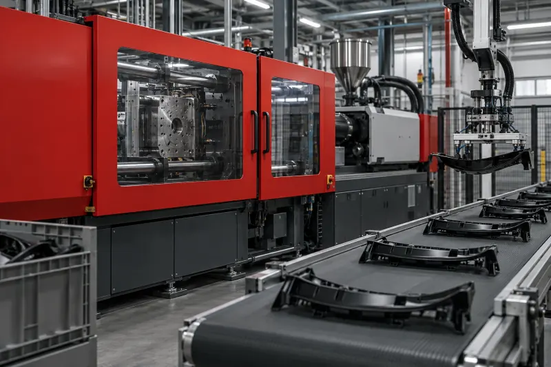 Plastic injection moulding press with automotive parts leaving the mould