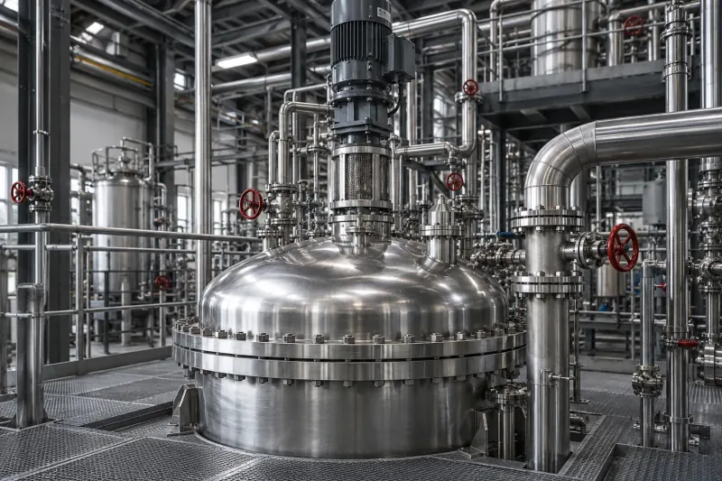 Stainless steel reactor and pipework in a chemical production unit