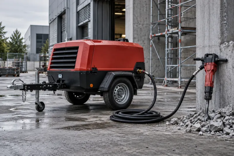 Mobile compressor powering a concrete breaker on a site