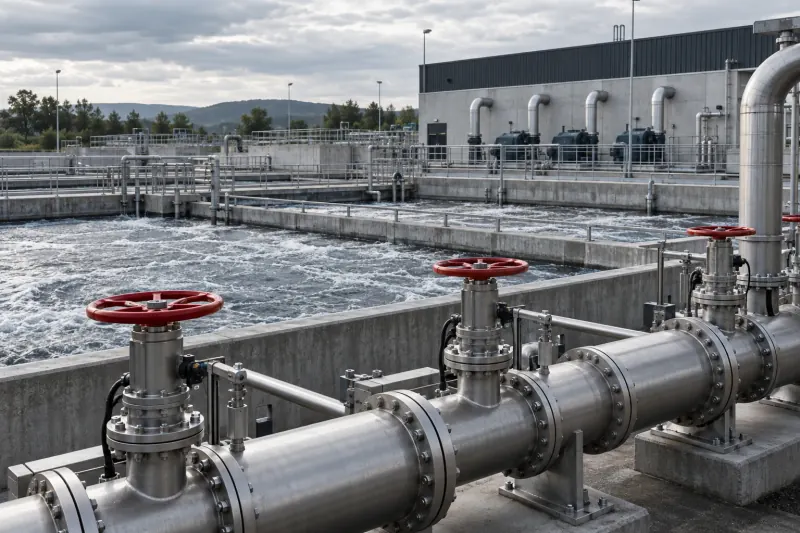 Aeration tanks and pipework at a water treatment plant